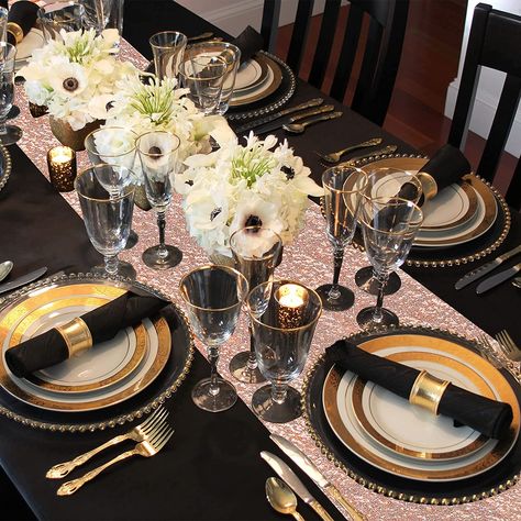 Amazon.com: HOMIX 4 Pieces Tablecloth and Sequin Table Runner Black and Rose Gold Polka Dots Confetti Table Cover Glitter Decorations for Birthday Wedding Anniversary Party Supplies (2 Sets) : Home & Kitchen Black And Rose Gold Dinner Table Setting, Rose Gold And Black Decor, Rose Gold And Black Party Theme, Black And Gold Table Decorations, Rose Gold Table Setting, Round Table Settings, Gold Table Decorations, Glitter Decorations, Black Round Table