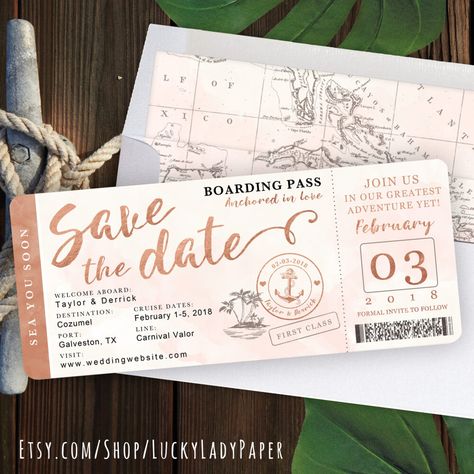 Boarding Pass Save The Date, Cruise Design, Watercolor Nautical, Destination Wedding Invitation, Passport Invitations, Compass Design, Cruise Wedding, Date Invitation, Lucky Ladies