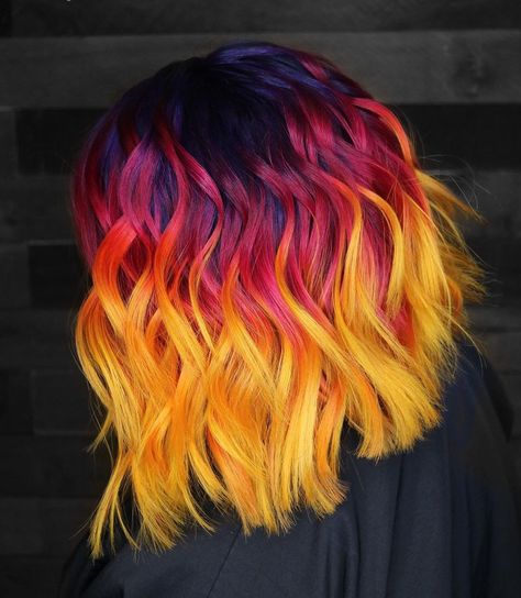 Sunset Hair Color Ombre Short, Short Sunset Hair, Sunset Dyed Hair, Sunset Hair Ombre, Flame Hair Color, Sunset Hair Color Ombre, Yellow Ombre Hair, Unique Dyed Hair, Bright Hair Color Ideas