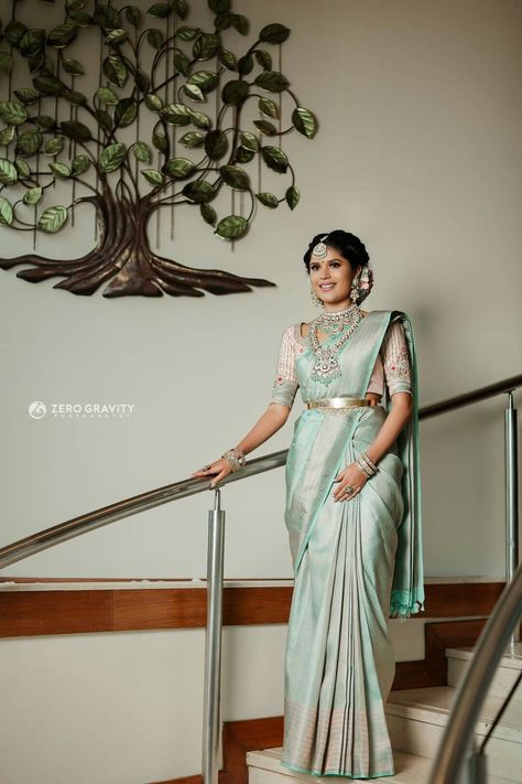 Pastel Color Saree For Wedding, Pastel Color Pattu Sarees, South Indian Bride Saree Color Combinations, Pastel Pattu Saree, Mint Saree, Wedding Saree Look, Marriage Hairstyle, Reception Jewellery, Pastel Saree