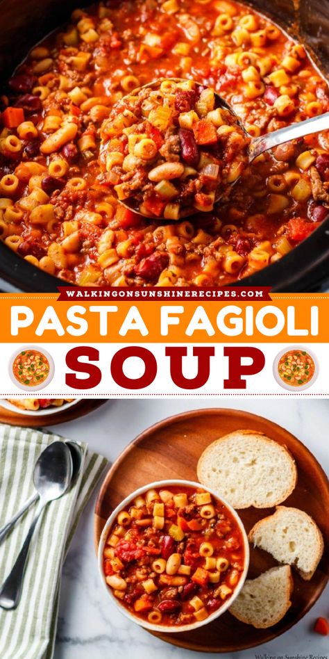 Satisfy your cravings with this fall comfort food idea! This Italian soup recipe for dinner is hearty, made from tomato, beans, carrot, grated parmesan cheese, and beef. Save this pasta fagioli soup cooked in a crockpot! Soup Recipes For Winter, Soup Sandwich Ideas, Soups And Sandwiches Pairings, Italian Comfort Food Recipes, Soft Food Recipes For Dinner, Christmas Soup Recipes Holidays, Fall Soups Recipes, Winter Soup Recipes Healthy, Low Calorie Comfort Food