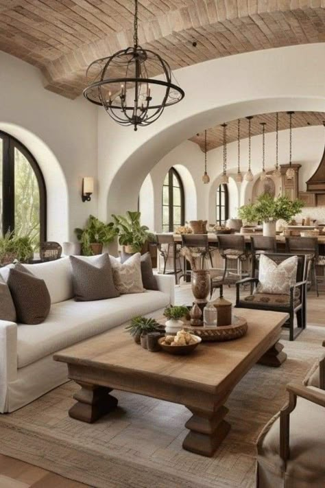 Spanish Colonial Decor, Tuscan Living Rooms, Open Concept Dining Room, Living Space Ideas, European Living Room, Inviting Living Room, Farmhouse Living Room Furniture, Mediterranean Living, French Country Living Room