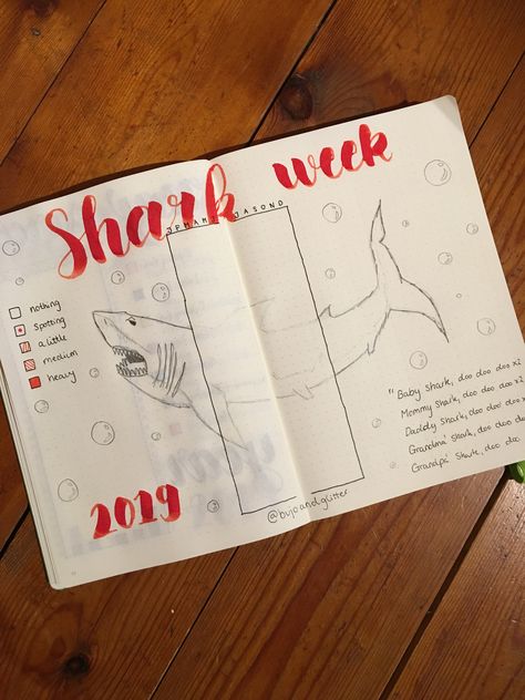 Shark week. Period tracker. Shark Week Bullet Journal, Notebook Fillers, Shark Week Period, Bullet Journal Period Tracker, Week Tracker, Journal Ideas Pages, Tracker Bullet Journal, Paper Mache Animals, Bullet Journal Cover Ideas