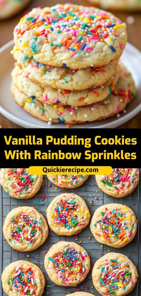 These Vanilla Pudding Cookies With Rainbow Sprinkles are extra soft and delicious, thanks to the addition of pudding mix. Perfect for colorful celebrations! Ingredients: 1 box vanilla pudding mix 1 cup flour 1/2 cup sugar 1/2 cup rainbow sprinkles A soft, chewy cookie that’s fun and easy to make Vanilla Pudding Cookies, Easy Party Treats, Rainbow Cookies Recipe, Rainbow Sugar Cookies, Pudding Cookies Recipes, Hot Cocoa Cookies, Vanilla Sugar Cookie, Pudding Cookies, Rainbow Cookies