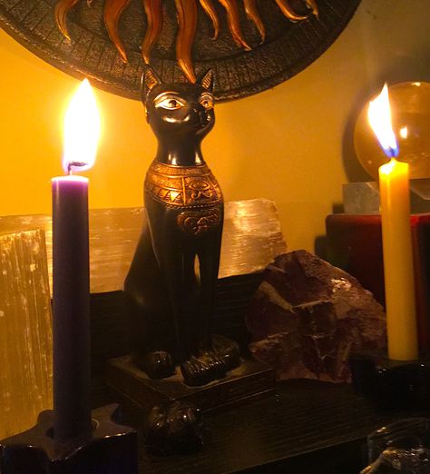 Bastet Altar, Bast Goddess, Bastet Goddess, Egyptian Cat Goddess, Ancient Egyptian Gods, Wiccan Altar, Egyptian History, Season Of The Witch, Witch Aesthetic