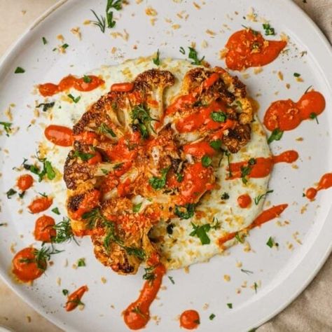 Cauliflower Steaks with Harissa Tahini Sauce - The Heirloom Pantry Cauliflower Steaks Tahini, Roasted Chicken Thighs And Vegetables, Maple Brussel Sprouts, Healthy Turkey Meatballs, Meatballs Baked, Turkey Meatballs Healthy, Cauliflower Steak, Turkey Meatballs Baked, Hearty Dinner Recipes