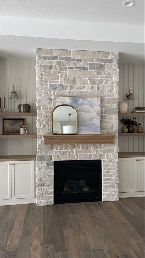 Stone Facing For Fireplace, Neutral Living Room With Stone Fireplace, European Country Decor, Stone Fireplace With Shelves On Side, Rock Fireplace With Built Ins, Stone Fireplaces Floor To Ceiling, Fireplace Low Ceiling, Tiling Fireplace, Modern Stone Fireplace Ideas