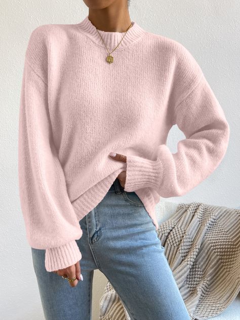 Baby Pink Casual Collar Long Sleeve Fabric Plain Pullovers Embellished Slight Stretch  Women Clothing Pink Jumper, Women Sweaters, Pink Sweater, Drop Shoulder, Mock Neck, Jumper, Collar, Pink