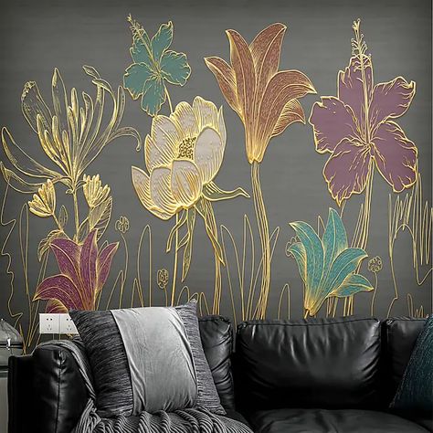 Mural Wallpaper Wall Sticker Covering Print Peel and Stick Removable Gold Floral Flower Canvas Home Décor 2022 - US $32.49 Cheap Wallpaper, Plant Wallpaper, Palau, Flower Canvas, Wallpaper Online, Wallpaper Wall, Tonga, Vanuatu, 3d Wallpaper