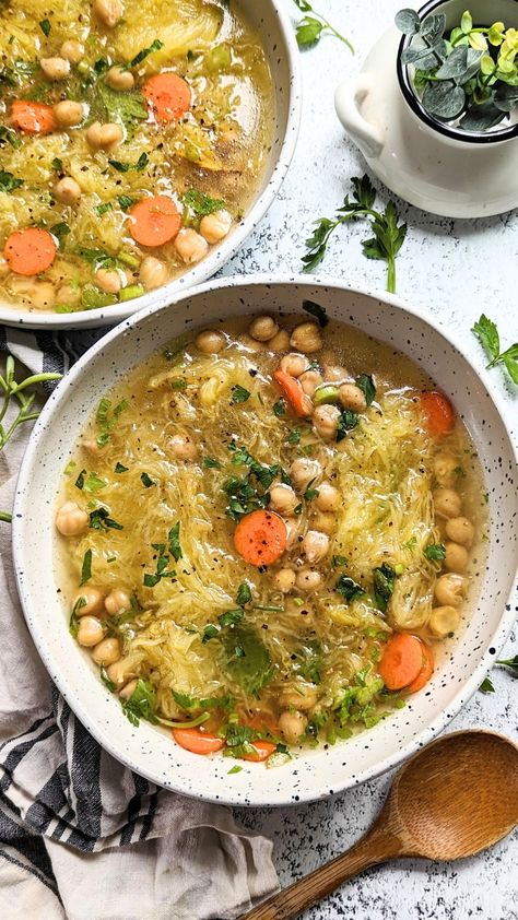 Nothing says cozy like a warm bowl of homemade soup – anytime of year! I am constantly trying out new and flavorful soup combinations to make. This easy spaghetti squash soup recipe was a winner, and really fun to enjoy.
Vegan soups vegetarian summer soup recipes Chickpea Spaghetti Squash, Spaghetti Squash And Chickpeas, Chunky Squash Soup, Chickpea Recipes Meal Prep, Soup With Spaghetti Squash, Vegan Lemon Soup, Lunch Ideas With Vegetables, Jicama Soup Recipes, Hearty Soup Recipes Healthy