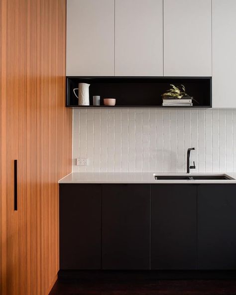 Red Lily Renovations on Instagram: “Beautifully simple kitchen” Grey Splashback, Vertical Tile, Black And White Cabinets, Splashback Kitchen, White Kitchen Splashback, Kitchen Splashback Tiles, Living Dining Kitchen, White Subway Tiles, Splashback Tiles