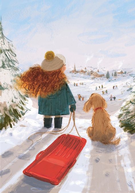 Hoping for lots of snow this year so we can go sledding! Illustration by #BrightArtist @victoriaball_ | Represented by #BrightAgent… | Instagram Sledding Illustration, Sled Illustration, Books Drawing, Mother Mary Pictures, Snow Illustration, Mary Pictures, Magic Books, English Teaching, Whimsical Illustration