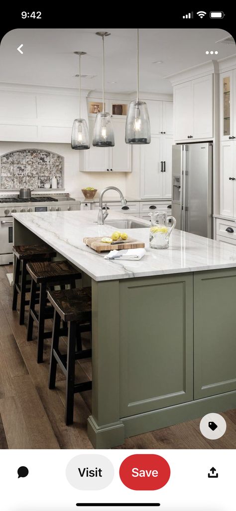 Olive Kitchen Island, High Gloss Kitchen Cabinets, Olive Kitchen, Olive Green Kitchen, Green Kitchen Walls, Green Kitchen Island, Green Kitchen Designs, Simple Kitchen Remodel, Sage Green Kitchen