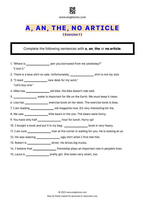 #article #articleworksheet #english #englishgrammar #esl #eslworksheet #engblocks #eslwebsite Articles Worksheet, English Grammar Worksheets, Exercise Book, Fitness Articles, Grammar Worksheets, Esl Worksheets, English Grammar, Teaching English, Losing Me