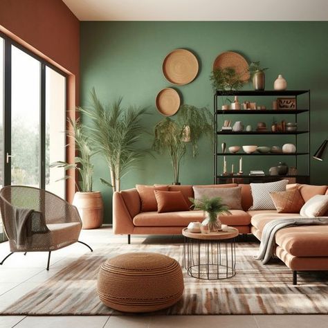 Green And Orange Apartment Aesthetic, Peach And Green Interior Design, Terracotta And Green Interior Design, Rust Couch Living Room Ideas Sofas, Terracotta Interior Design Living Rooms, Rust Green Living Room, Terracotta Design Ideas, Terracotta Living Room Walls, Green And Terracotta Living Room