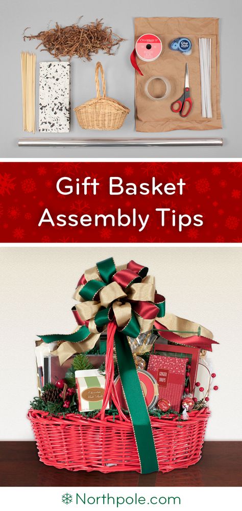 Gift Basket Assembly Tips • Northpole.com Craft Cottage Gift Basket Presentation Ideas, Assembling Gift Baskets, Christmas Gift Basket Wrapping Ideas, Gift Basket Arrangements Ideas, How To Arrange A Gift Basket Tutorials, Gift Basket Bows Diy, How To Make A Gift Basket Look Full, How To Pack A Gift Basket, How To Make A Gift Basket Look Nice