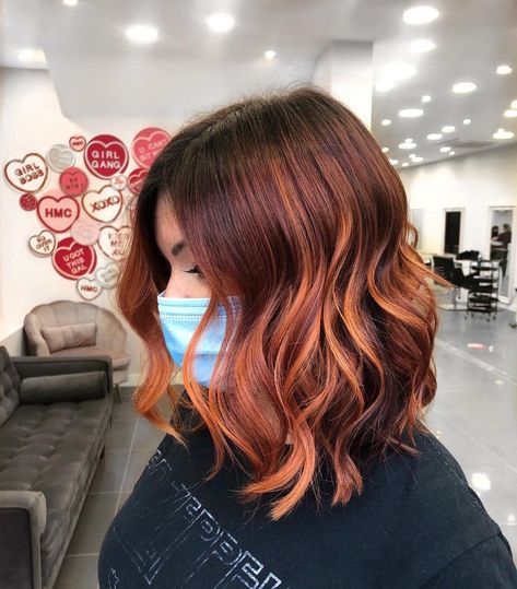 Autumn Hair Short, Short Pumpkin Spice Hair, Brunette Ginger Balayage Short Hair, Copper Hair Long Bob, Lob Copper Hair, Copper Balayage Short Hair, Copper Lob Balayage, Cool Copper Hair, Copper Peekaboo Hair