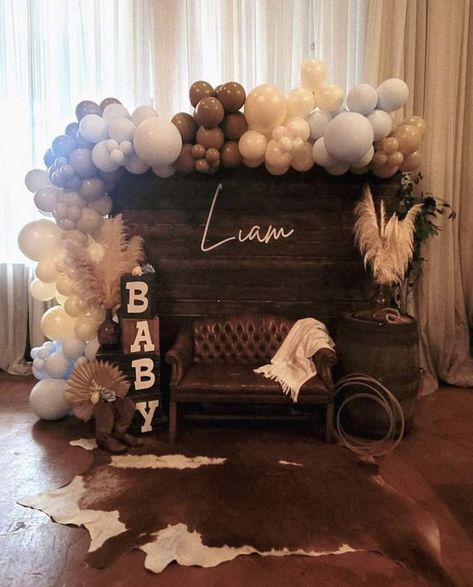 A New Little Cowboy is On His Way! | CatchMyParty.com Cowboy Baby Shower Theme, Cow Baby Shower Theme, Rodeo Baby Shower, Cowboy Themed Birthday Party, Babby Shower, Cowgirl Baby Showers, Cow Baby Showers, Country Baby Shower, Cowboy Baby Shower