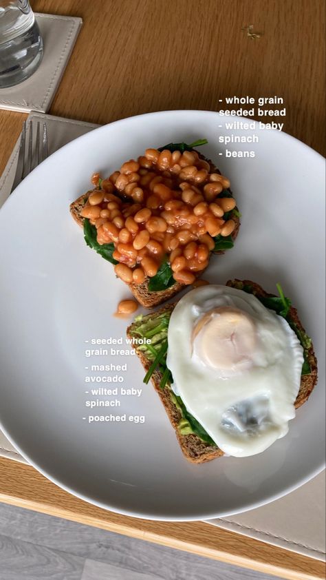 Avocado Bean Toast, Spinach Egg Scramble, Boiled Eggs Meal Ideas, Baked Beans And Toast, Spinach Breakfast Ideas, Boiled Egg Breakfast Ideas, Spinach Toast, Healthy Baked Beans, Almond Daughter