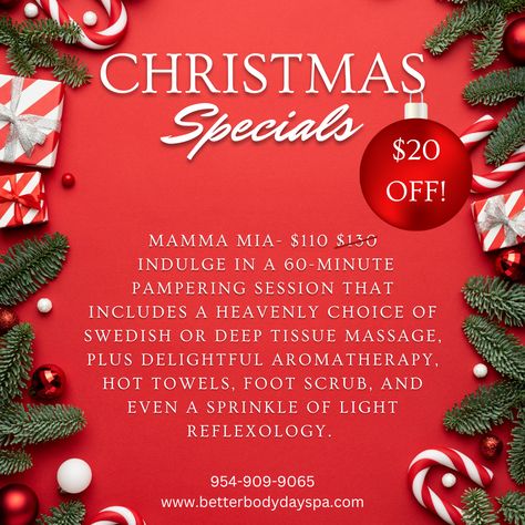 Christmas Specials you don't want to miss! Our Mamma Mia massage is on sale right now for only $110! Give us a call at 954-909-9065! We also offer gift certificates! #christmas #specials #spa Christmas Specials, Better Body, Body Spa, Gift Certificates, A Call, Christmas Special, To Miss, Massage, Right Now