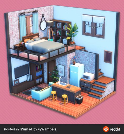 Tiny Loft Apartment, Sims 4 Loft, Tiny Loft, Loft House Design, Sims Freeplay Houses, Cozy Loft, Mini Loft, Tapeta Harry Potter, Sims Houses