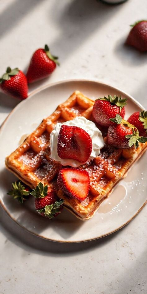 Indulge in the sweetness of fresh strawberries with our scrumptious strawberry waffle recipe! 🍓🍞️ A perfect breakfast treat to start your day 🌞️ #strawberrywaffle #breakfastinspo #foodie #yum #delicious Fluffy Waffles, Strawberry Waffles, Flour Alternatives, Waffle Recipe, Waffle Toppings, Easy Strawberry, Dessert Options, Waffle Recipes, Waffle Maker