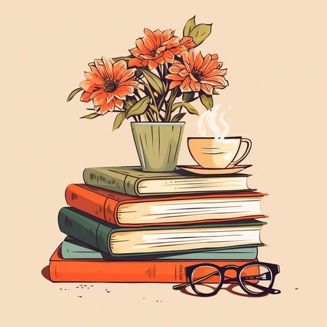 The Garden Of Words, Books Coffee, Vase Of Flowers, Book Icons, Book Drawing, Girly Art Illustrations, Mixed Media Art Journaling, Coffee And Books, Art And Illustration