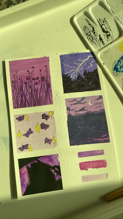 Gouache painting aesthetic mood board💜 Purple Mood Board Painting, Mood Boards Drawing, Mood Board Painting, Painting Mood, Board Painting, Painting Aesthetic, Painted Boards, Aesthetic Painting, Cute Little Things