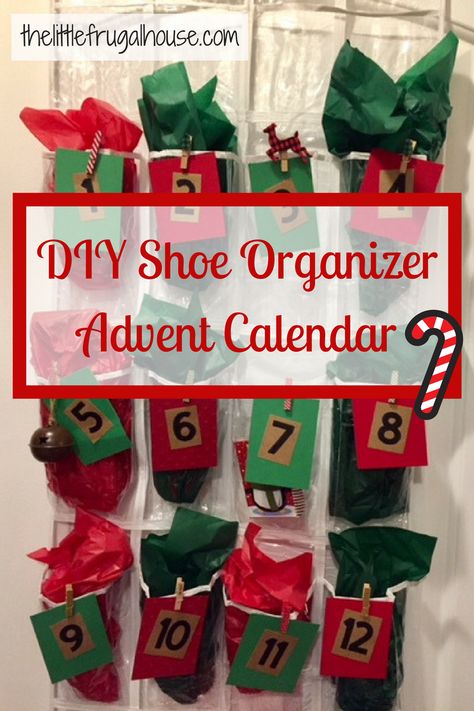 DIY Shoe Organizer Advent Calendar - The Little Frugal House Shoe Organizer Advent Calendar, Diy Shoe Organizer, Diy Christmas Card Holder, Christmas Budget Ideas, Diy Christmas Ornaments Rustic, Stick Ornaments, Shoe Organization Diy, Merry Mail, Diy Christmas Card