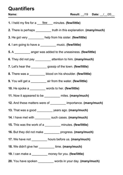 Quantifiers - Test 3 [19 Questions] Determiners Grammar Worksheets, Quantifiers Grammar, Grammar Activities Worksheets, Easy English Grammar, Adjective Worksheet, Discussion Prompts, Easy English, Learn English Grammar, Improve Your English