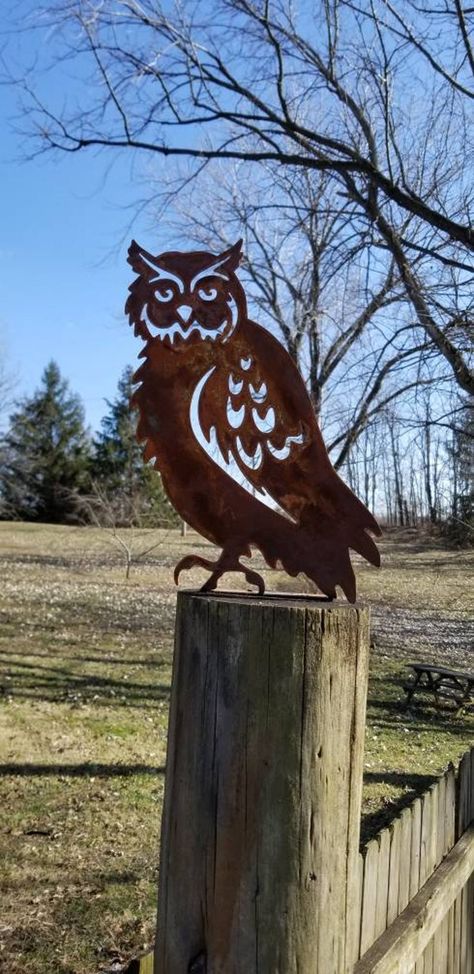 Hootie The Owl Fence Post TopperBirdAnimalsGarden | Etsy Country Backyard, Gardening Crafts, Blue Barn, Metal Welding Art, Fence Toppers, Family Monogram, Welding Art Projects, Fence Art, Metal Yard Art