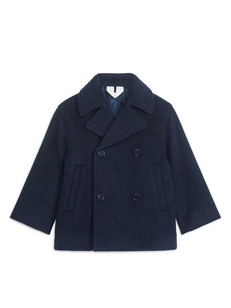 Wool Blend Pea Coat - Dark Blue - ARKET WW Woollen Coats For Women, Short Navy Jacket, Arket Wool Jacket, Winter Coat 2024, Pea Coat Outfits Women, Coats Outfits Women, Dream Wardrobe Clothing, Winter Outfits Coats, Short Coat Outfit