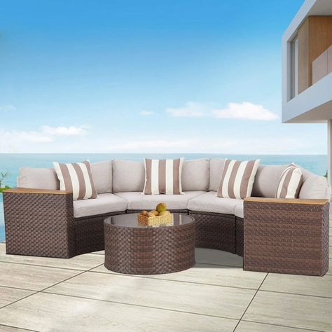 Longshore Tides Damien 2 Piece Sectional Seating Group with Cushions & Reviews | Wayfair Sectional Patio Furniture, Curved Sectional, Patio Couch, Patio Sofa Set, Brown Cushions, Outdoor Patio Furniture Sets, Patio Furniture Covers, Patio Sectional, Beige Cushions