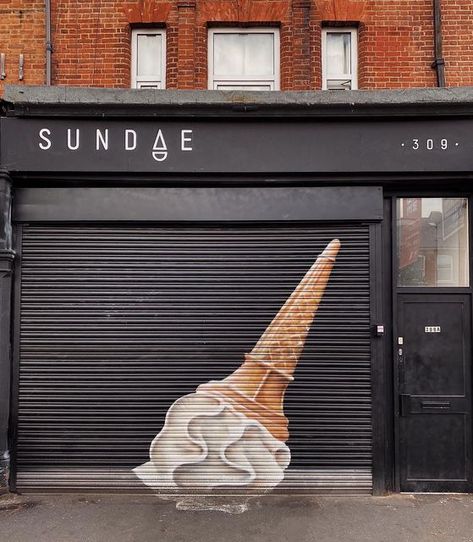 Angela Coomey on Instagram: ". .. Sundae .. .Love this shutter art - I’m not sure the 5 second rule applies to ice cream though. It may be the end of summer but I can eat ice cream in any weather. My favourite flavours are salted caramel, pistachio or coffee and least favourite - mint. What’s your flavour?🍦 . . . . . #sundaegelato #icecreamshop #storetraits #storefront #facadelover #bbcbritain #britishsnaps#ig_england #capturingbritain #britishsnaps #loves_europe #ig_england#shutterart #shar Shutter Art, 5 Second Rule, Ice Cream Business, Selfie Wall, Bakery Design Interior, Gelato Shop, Cafe Shop Design, Ice Cream Parlor, Ice Ice Baby