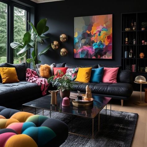 Modern Colourful Living Room, Basement Seating, Black Walls Living Room, Black Couch Living Room Decor, Counselling Office, Purple Bedroom Decor, Minimalist Living Room Ideas, House Staging, Living Room Minimalist