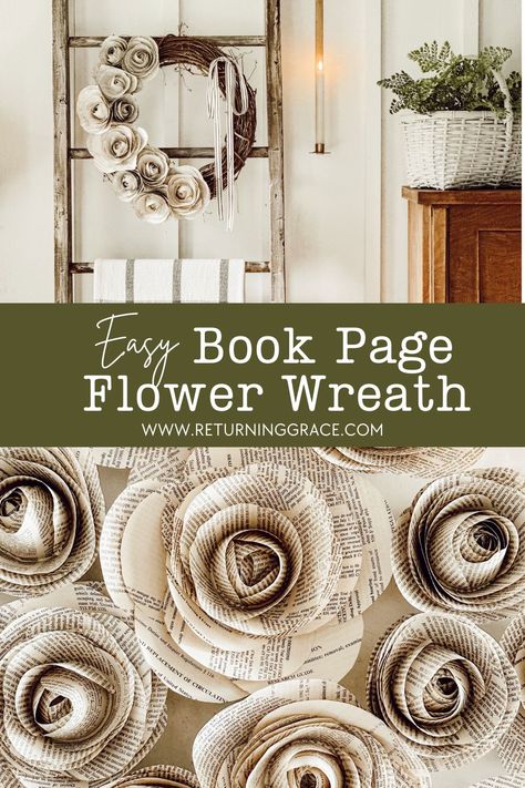 Create a stunning book page flower wreath with this Step-By-Step easy DIY tutorial. Perfect for weddings, Christmas, and elegant home decor. Book Page Wreath Tutorial, Bookpage Flowers Diy, Book Page Wreath Diy, Book Flowers Diy, How To Make A Wreath Step By Step, Paper Wreath Diy, Book Wreath, Book Page Flowers, Book Page Wreath