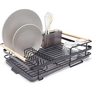 simplywire – Retro Premium Dish Drainer – Plate Drying Rack with Cutlery Holder & Drip Tray - Black : Amazon.co.uk: Home & Kitchen Modern Metal Kitchen, Kitchen Dish Drainers, Draining Rack, Draining Board, Counter Clean, Dish Drying Rack, Plastic Cutlery, Cutlery Tray, Dish Drainers