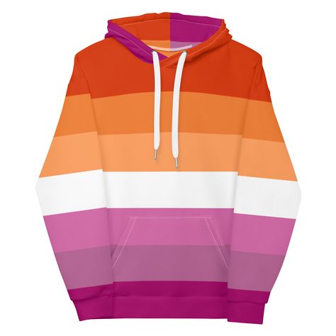 Stay cozy and warm whilst showing off your lesbian pride in this amazing lesbian flag hoodie. Ideal LGBT pride wear for pride month and events such as national coming out day. If you love bold lesbian clothing this hooded lesbian sweatshirt is a must-have item. STYLE GUIDE• Stylish loose fit• Cozy and soft• Vibrant colors• Brushed fleece fabric inside• Double-lined hood with design inside and out• All-over print hoodie - inside is white• Printed, cut & sewn to orderMATERIAL95% recycled polyester and 5% spandex Lesbian Clothes, Closet Lesbian Flag, Comphet Lesbian Flag, Lesbian Flag Subtle, Lesbian Flag Clothes, Lgbtq Outfit, Lesbian Shirts Funny, Lesbian Flag Merch, Pride Parade Outfit