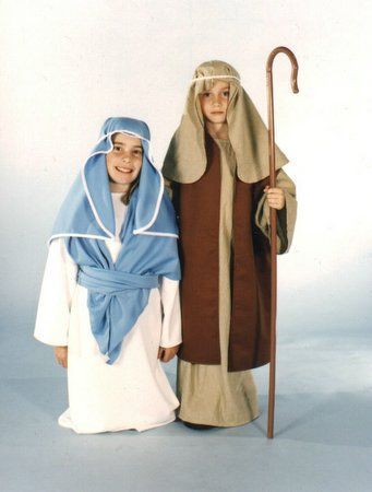 Biblical Mary Joseph costumes for kids Mary And Joseph Costumes, Manger Scenes, Joseph Costume, Shepherd Costume, Biblical Clothing, Mary Costume, Christmas Plays, Biblical Costumes, Nativity Costumes