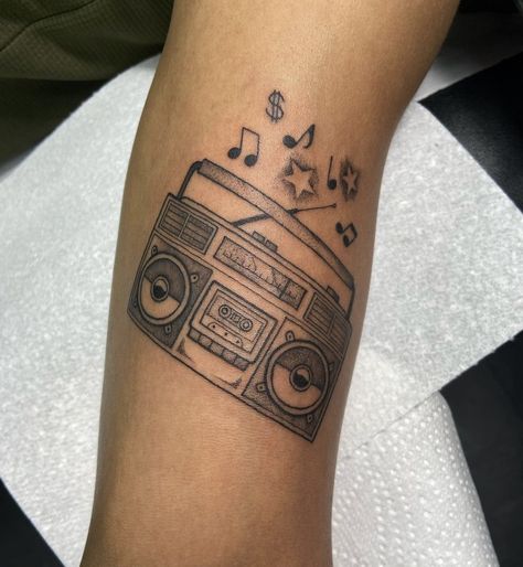 Old Radio Tattoo, Boom Box Tattoo, Box Tattoo, Boom Box, Unique Tattoo Designs, Leg Tattoo, Old Radios, Unique Tattoo, Leg Tattoos