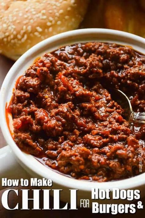 This Chili Recipe for Hot Dogs and Hamburgers is simple, quick, and loaded with flavor! The perfect chili for topping things. Chili Recipe For Hot Dogs, Hamburger Chili Recipe, Venison Chilli, Deer Chili Recipe, Best Hot Dog Chili Recipe, Hamburger Chili, Slow Cooker Venison, Hotdog Chili Recipe, Venison Chili