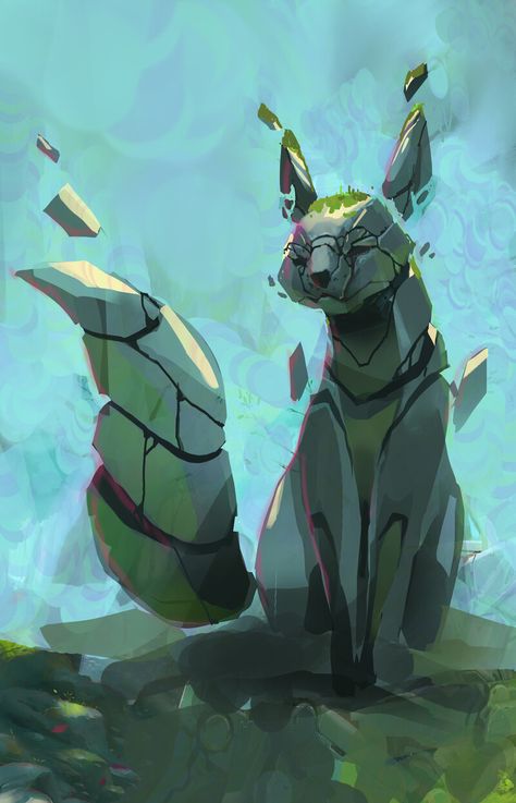 ArtStation - Sacred Stone Fox, Chin Fong Kitsune Fox Spirit, Kitsune Fox, Japanese Mythology, Fox Spirit, Stone Fox, Sun Rise, Sacred Stones, Monster Design, Magical Creatures