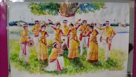 Work on watercolor.{হুঁচৰি} Market Scene Drawing Easy, Bihu Drawing, Cultural Drawing, Bihu Festival, Rongali Bihu, Ladybird Drawing, Figure Composition, Roots Drawing, Watercolor Composition