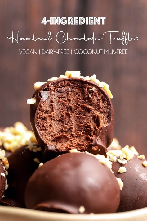 4-Ingredient Vegan Hazelnut Chocolate Truffles Vegan Truffles Chocolate, Vegan Chocolate Recipe, Hazelnut Truffles, Vegan Hazelnut, Hazelnut Dessert, Ella Vegan, Hazelnut Recipes, Vegan Truffles, Nut Bars