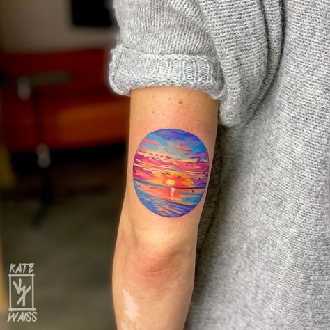 Colorful Sunset Tattoo, Beach Sunset Tattoo, Scenic Tattoo, Sunrise Tattoo, Sunset Tattoo, Sky Tattoos, Sunshine Tattoo, Air Tattoo, Sunset Tattoos