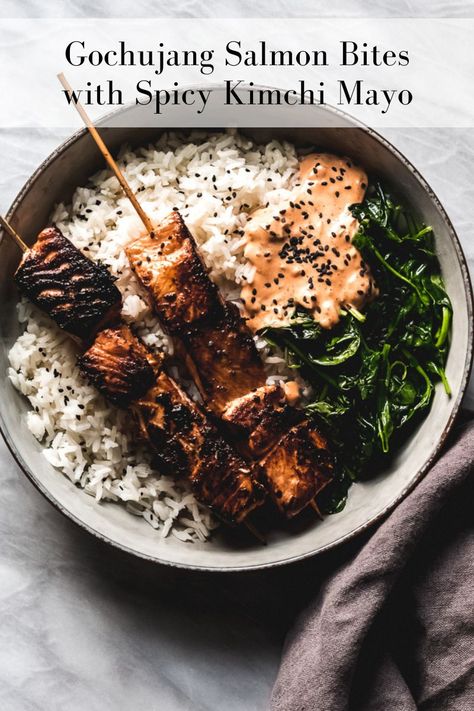 These Gochujang Salmon Bites are fun, quick, and easy and packed with some of my favorite flavors. The Spicy Kimchi Mayo seals the deal and makes this such a special meal. #salmonrecipes #salmonbowl #salmondinnerideas Salmon Kimchi, Gochujang Salmon, Kimchi Mayo, Salmon Fried Rice, Stovetop Chili, Spicy Kimchi, Food Salmon, Salmon Skewers, Salmon Bites