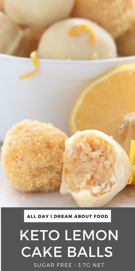 Close up shot of two keto lemon truffles, one with a bite taken out of it. Keto Cake Balls Recipe, Keto Lemon Balls, Lemon Desserts Keto, Keto Lemon Truffles, Keto Truffles Recipe, Keto Cake Balls, Sugar Free Lemon Desserts, Low Calorie Lemon Desserts, Keto Lemon Desserts