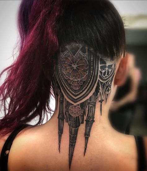 Cathedral Skull Tattoo, Castle Neck Tattoo, Cathedral Chest Tattoo, Cathedral Architecture Tattoo, Gothic Cathedral Tattoo Sleeve, Dark Ornamental Tattoo Neck, Gothic Cathedral Back Tattoo, Back Of Head Tattoo, Gothic Architecture Tattoo Sleeve