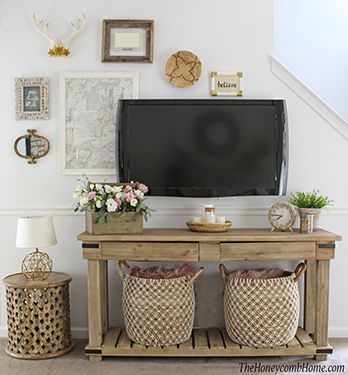 See how this small living room makeover incorporates 5 designer tricks for styling small spaces that will work every time! TV gallery wall. Decorating Around A Tv, How To Decorate Around A Tv, Decor Around Tv, Tv Mounted, Small Space Living Room, Living Room Tv Wall, Decorating Small Spaces, Farmhouse Wall Decor, Living Room Makeover