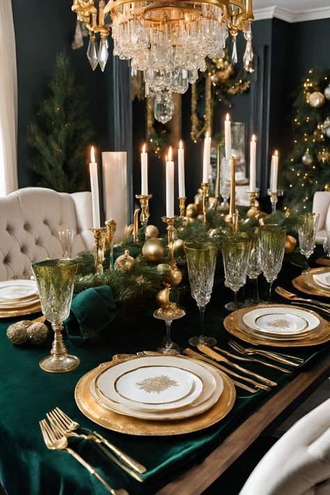 "A beautifully arranged dining table with fine dinnerware, elegant glassware, and a floral centerpiece for a sophisticated ambiance." Green Velvet Table Runner Christmas, Emerald Green Christmas Table Decor, Christmas Table Green And Gold, Christmas Table Settings Green, Royal Dinner Table, Royal Table Setting, Green And Gold Christmas Table, Green Velvet Table Runner, Luxury Table Settings